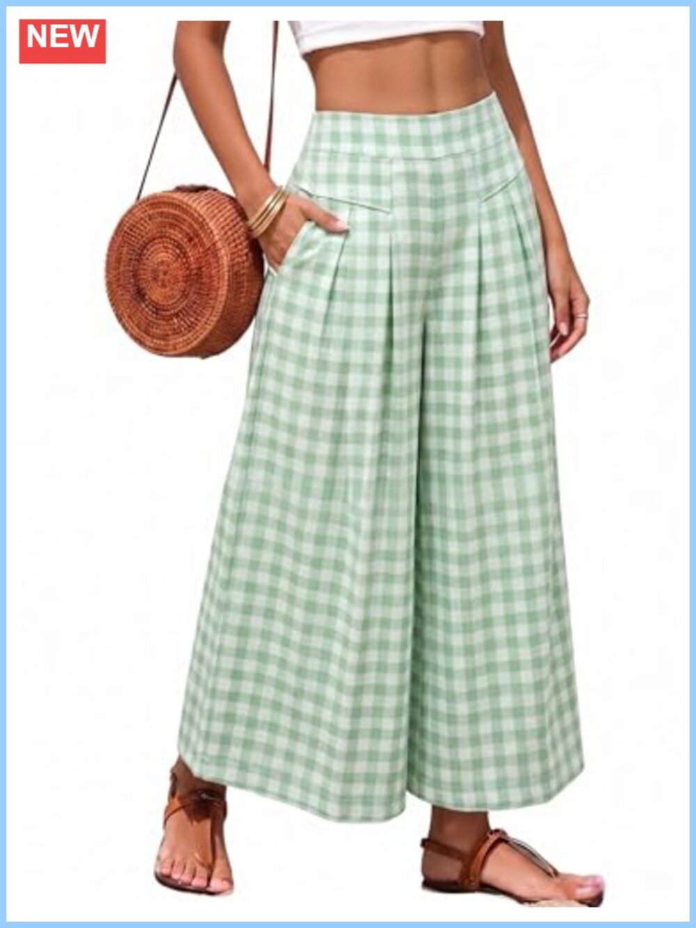 Women's Gingham Plaid Culottes Wide Leg Capri Pants Elastic Waist Cotton